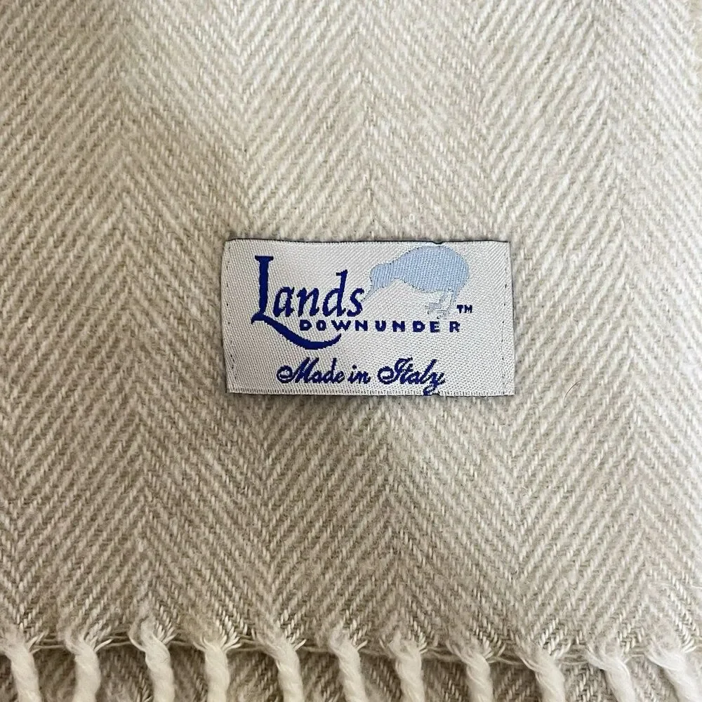 Lands Downunder Italian Herringbone Fringed Beige Throw Blanket Soft Italy